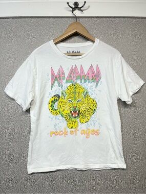 S Def Leppard 'Rock of Ages' Graphic Tee - White with Neon Leopard